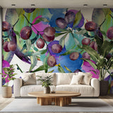 Tapet Personalizat Watercolor cu prune coapte si fundal viu colorat - WATERCOLOR PLUMS