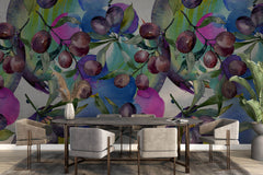 Tapet Personalizat Watercolor cu prune coapte si fundal viu colorat - WATERCOLOR PLUMS