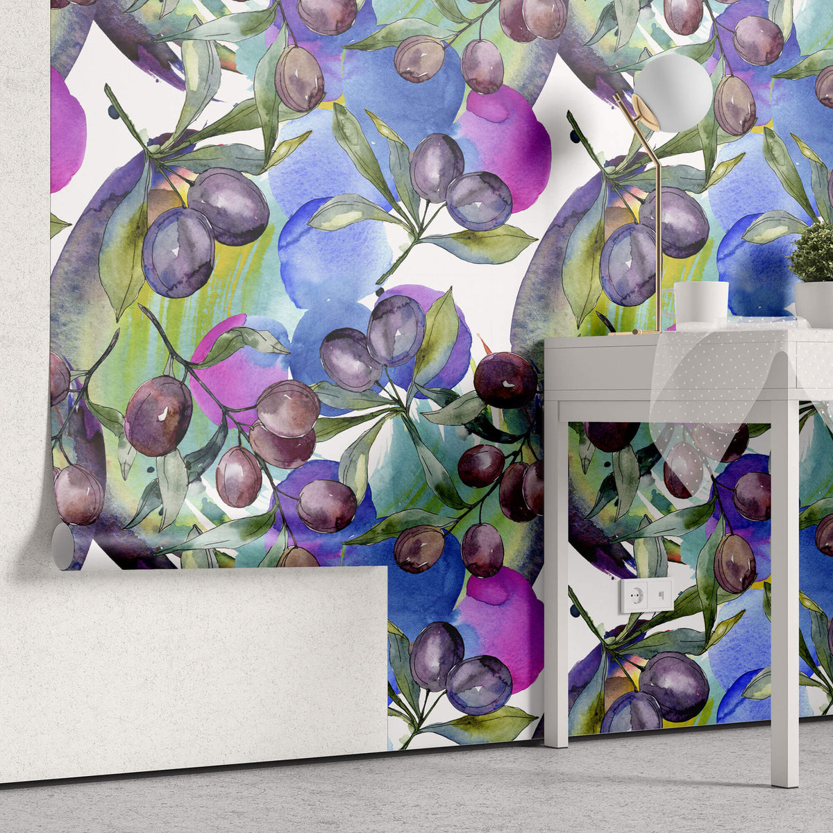 Tapet Personalizat Watercolor cu prune coapte si fundal viu colorat - WATERCOLOR PLUMS