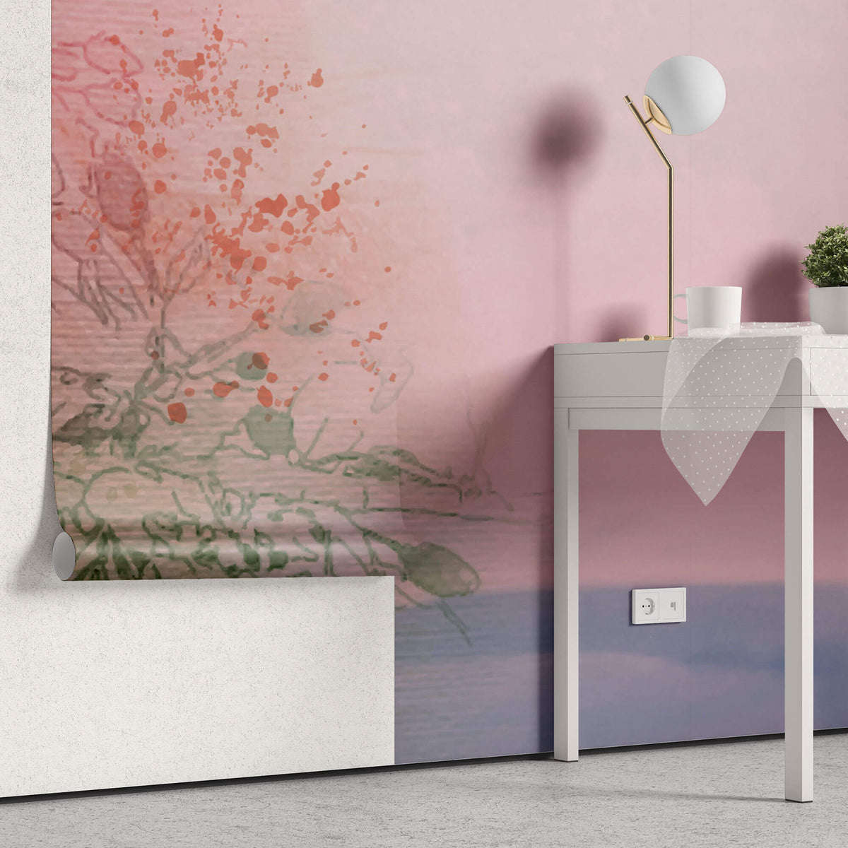 Tapet Personalizat Watercolor cu model floral in nuante de rozaliu si verde - CRIMSON FILTER
