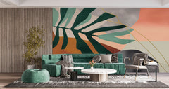 Tapet Personalizat Watercolor cu frunza de palmier si elemente abstracte - ACCENT COLOR LEAF