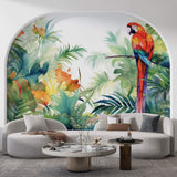 Tapet Personalizat Watercolor cu peisaj tropical cu papagal colorat - EXOTIC WATERCOLOR PARROT