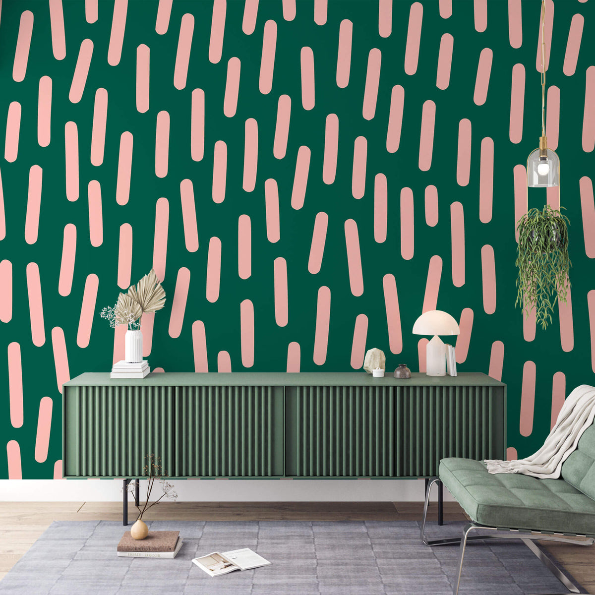 Tapet Personalizat Patterns cu ilustratie abstracta cu linii roz si fundal verde - PINK LINES