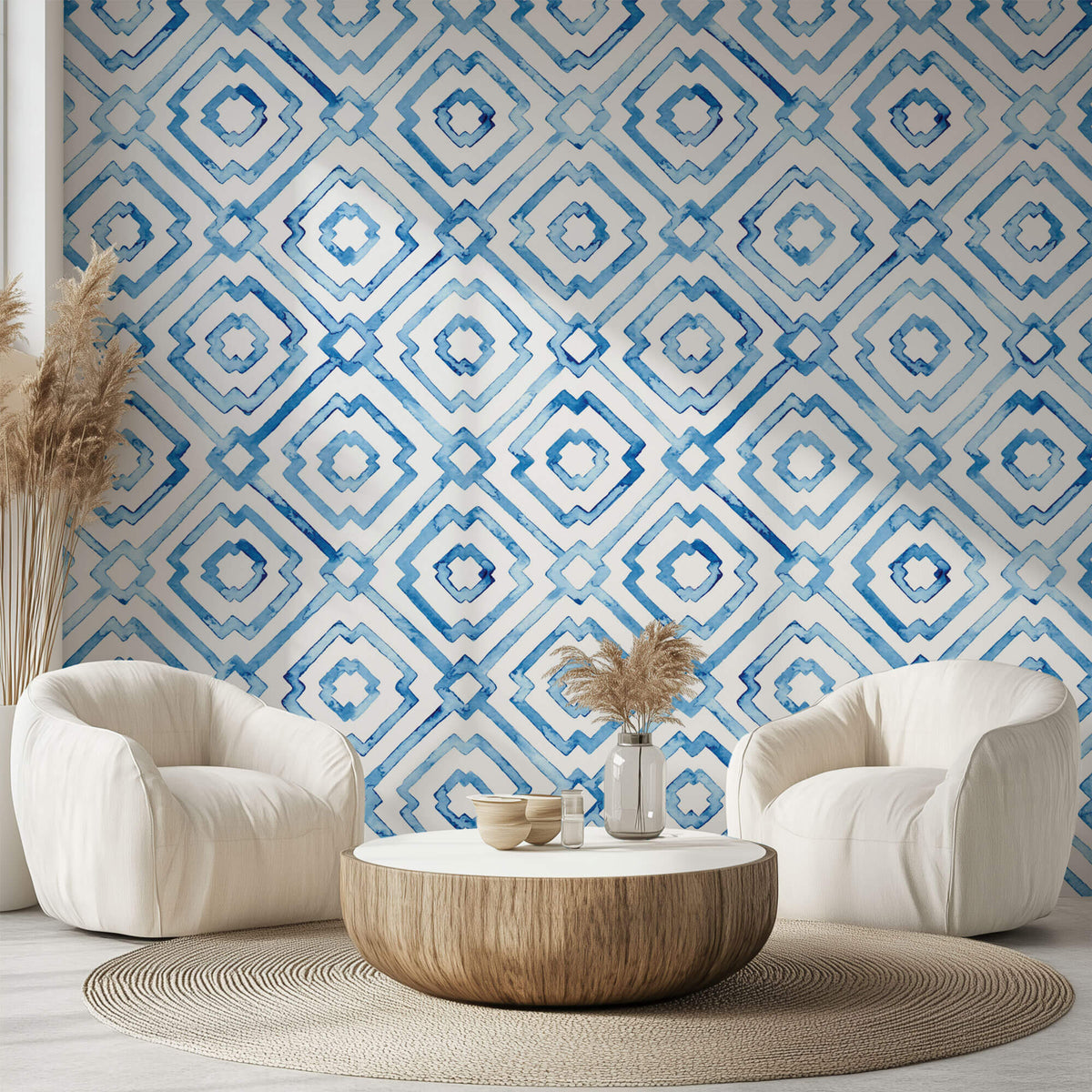 Tapet Personalizat Patterns cu motive in stil portughez in nuante de albastru watercolor - BLUE PORTUGUESE PATTERN