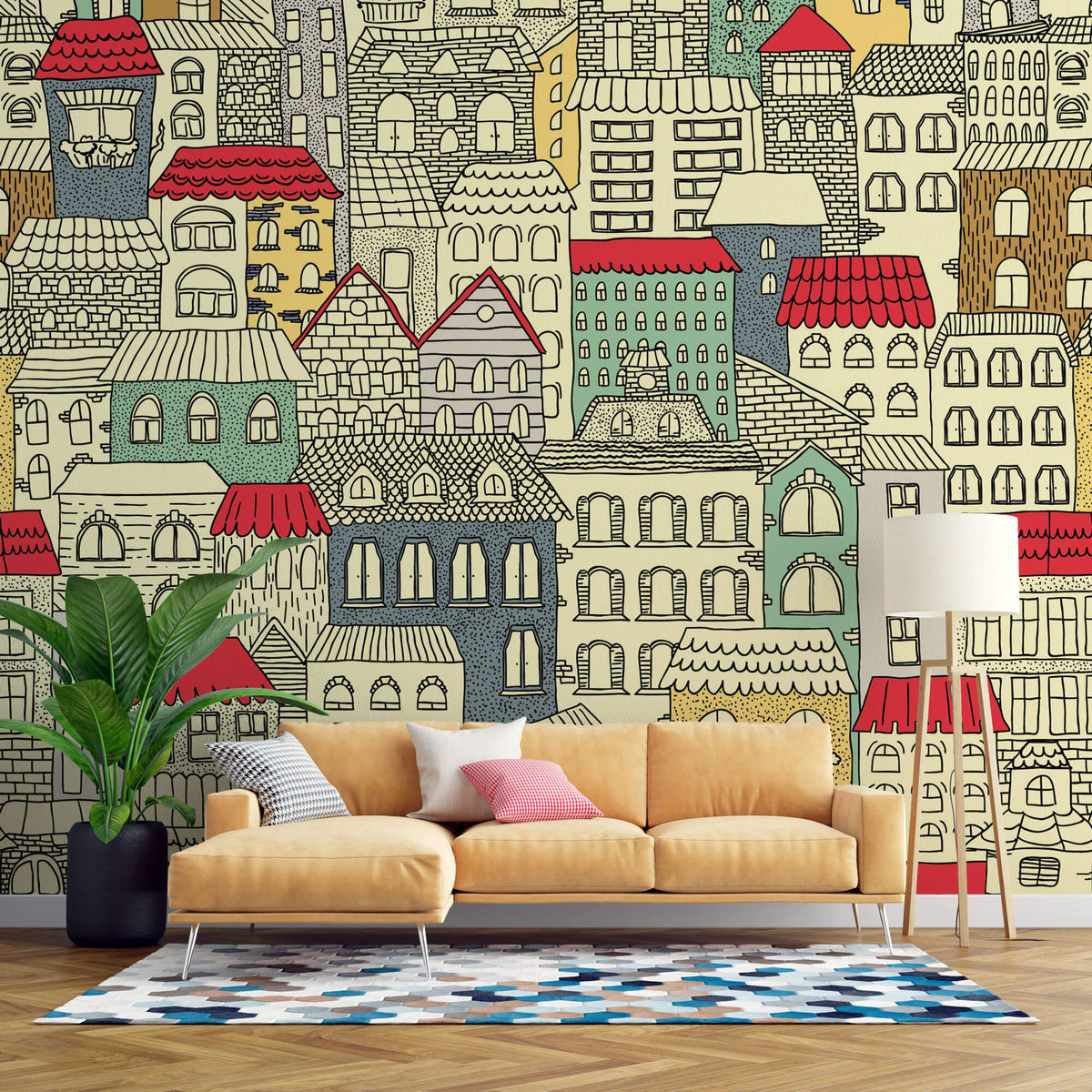 Tapet Personalizat Patterns cu cladiri colorate - BUILDINGS SKETCH COLOR