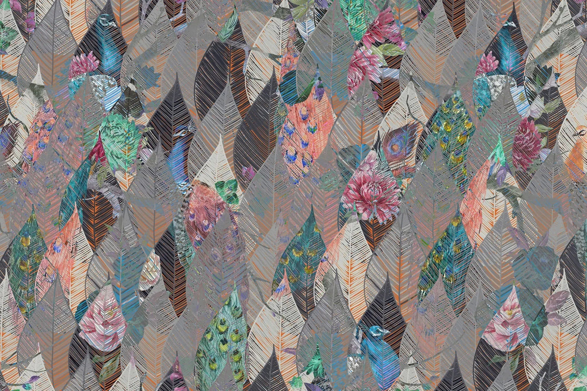 Tapet personalizat abstract cu frunze modele florale si pauni abstract leaves