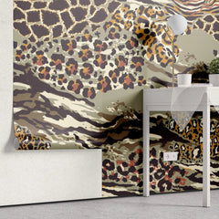 Tapet personalizat abstract cu model animal print de leopard si tigru in nuante calde maronii cheeath