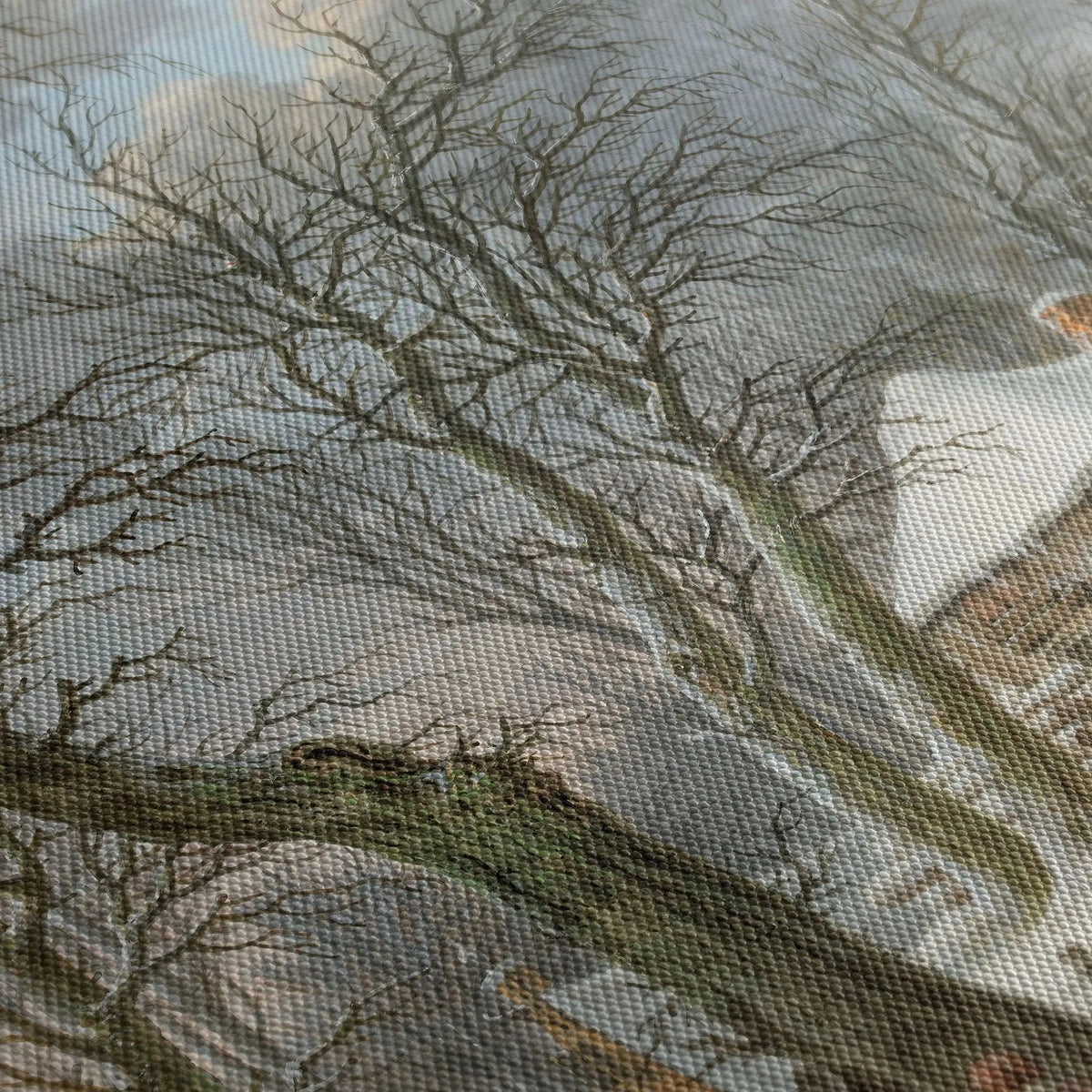 Tablou canvas ce prezinta o casa in mijlocul naturii un peisaj de iarna cu zapada alba si stralucitoare frozen landscape