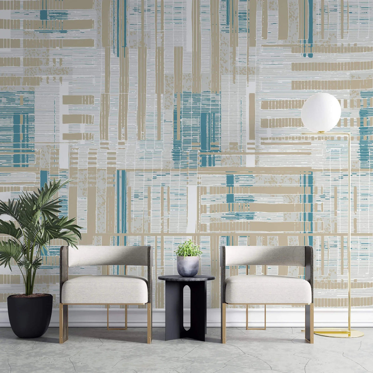 Tapet personalizat abstract cu dungi bej albastre si albe sand stripes
