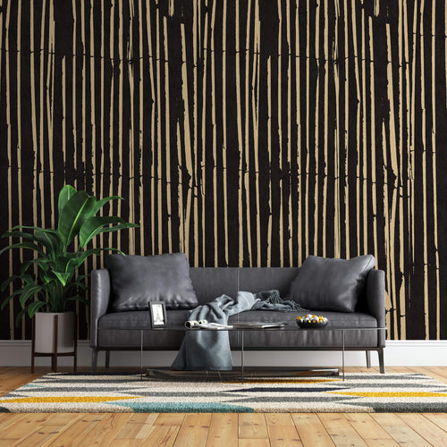 Tapet personalizat abstract cu dungi maronii pe fundal negru bamboo sticks