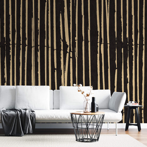 Tapet personalizat abstract cu dungi maronii pe fundal negru bamboo sticks