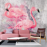 Tapet personalizat abstract cu pasari flamingo pe un fundal de perete alb gri texturat pink flamingo