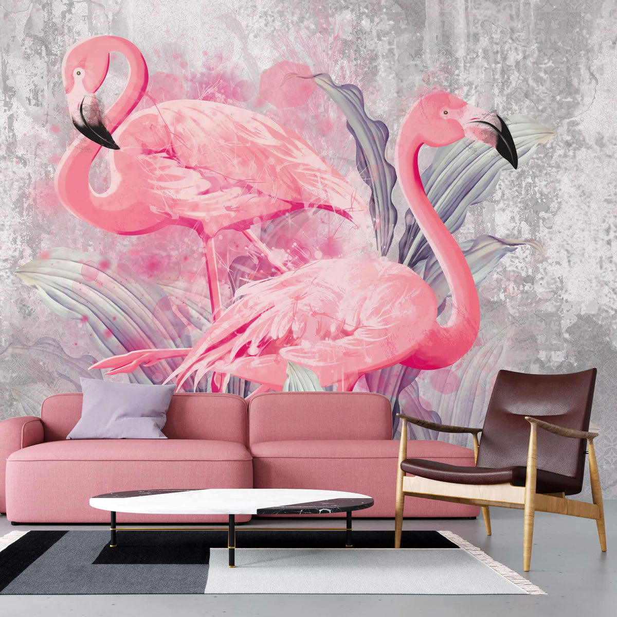Tapet personalizat abstract cu pasari flamingo pe un fundal de perete alb gri texturat pink flamingo