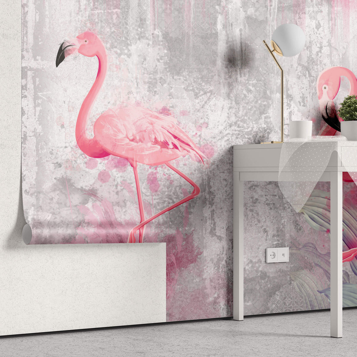 Tapet personalizat abstract cu pasari flamingo pe un fundal de perete alb gri texturat pink flamingo