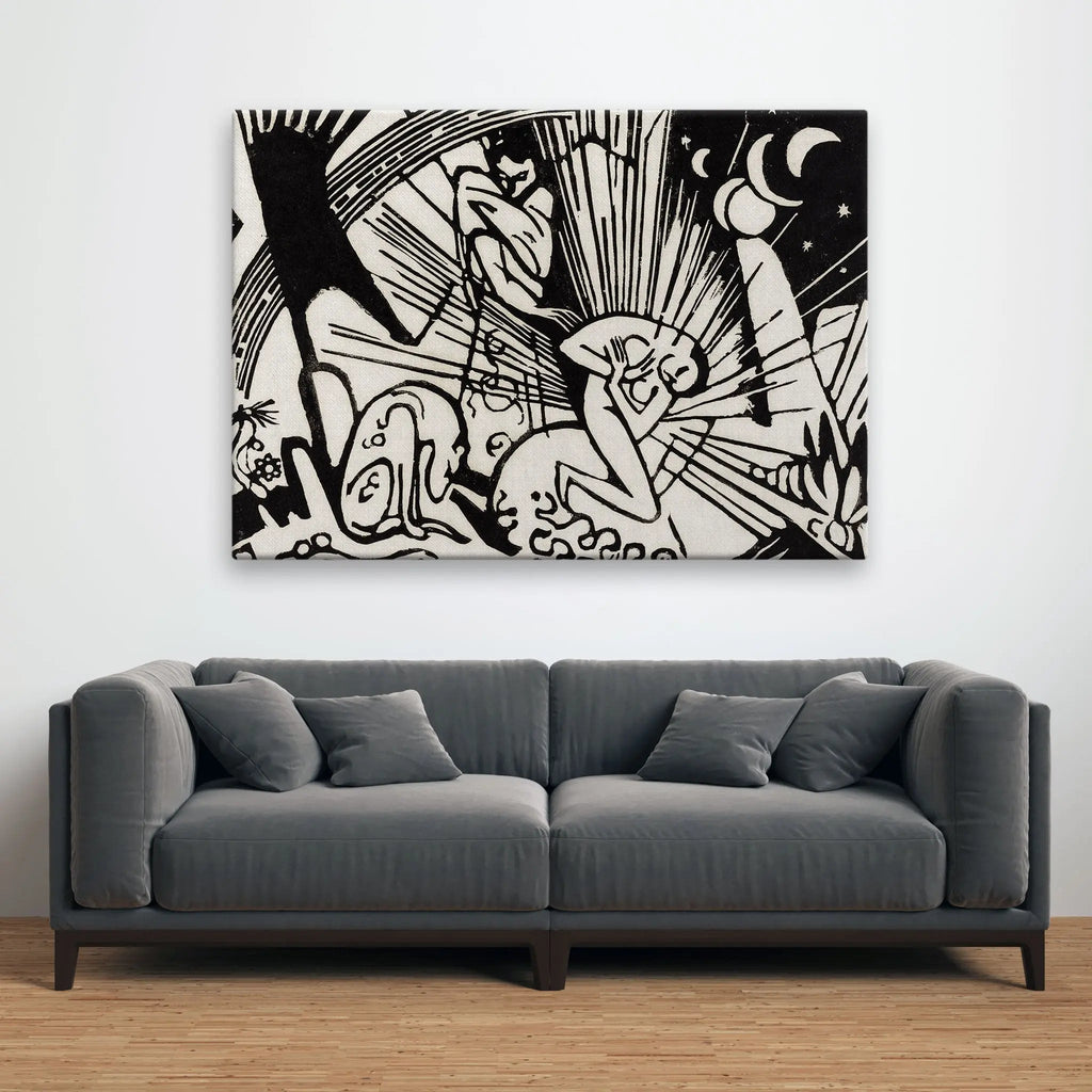Tablou canvas ce reproduce reconcilierea opera de arta a lui franz marc in care sunt reprezentate abstarct animalele si oamenii reconciliation