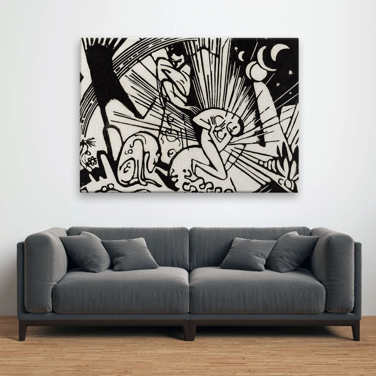 Tablou canvas ce reproduce reconcilierea opera de arta a lui franz marc in care sunt reprezentate abstarct animalele si oamenii reconciliation