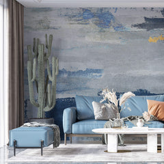 Tapet personalizat abstract cu insertii texturate in nuante de ablastru gri si auriu blue grain wall