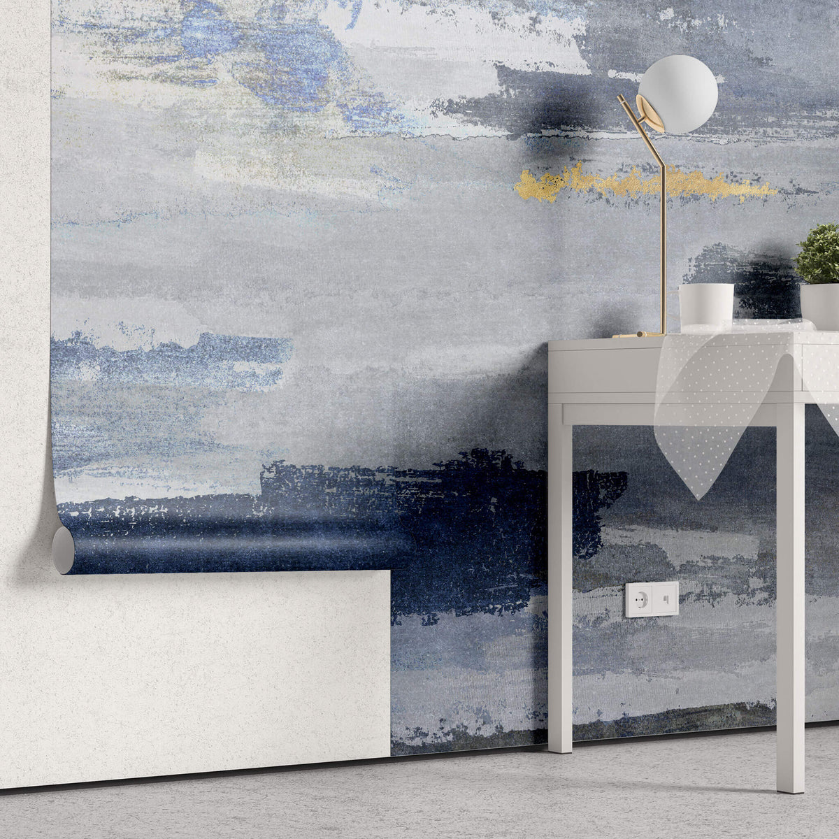 Tapet personalizat abstract cu insertii texturate in nuante de ablastru gri si auriu blue grain wall