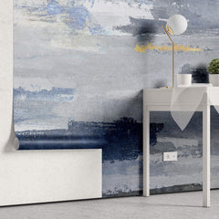 Tapet personalizat abstract cu insertii texturate in nuante de ablastru gri si auriu blue grain wall