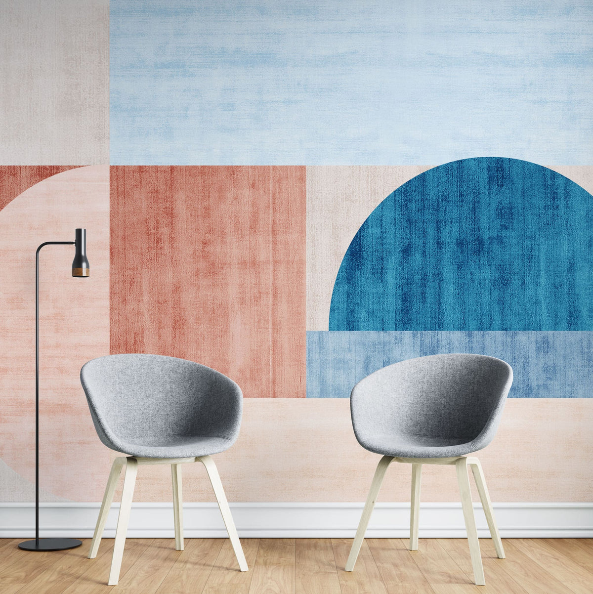 Tapet personalizat abstract cu forme geometrice in nuante de rosu si albastru crimson blue