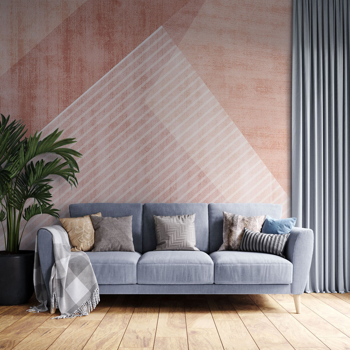 Tapet personalizat abstract cu forme si dungi in nuante de roz si alb pink pyramid