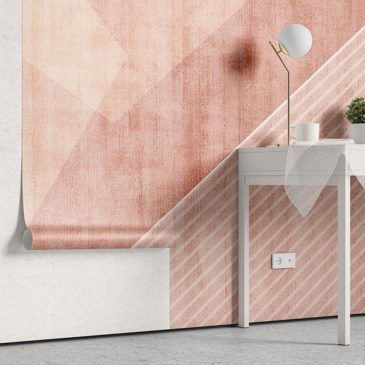 Tapet personalizat abstract cu forme si dungi in nuante de roz si alb pink pyramid