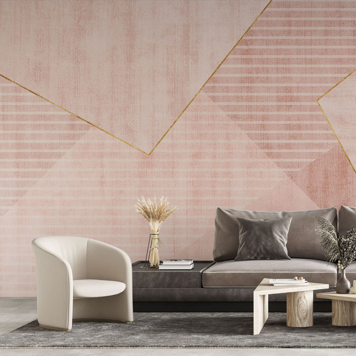Tapet personalizat abstract cu forme si dungi in nuante de roz si alb cu detalii aurii reverse pink pyramid