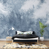 Tapet personalizat abstract cu pene albe pe fundal albastru white feathers