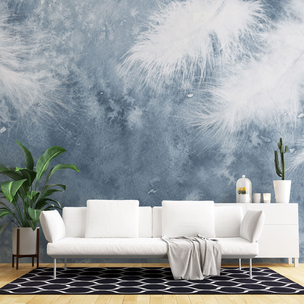 Tapet personalizat abstract cu pene albe pe fundal albastru white feathers