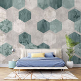 Tapet personalizat abstract cu model de fagure in nuante de alb si verde salvie sage honeycomb