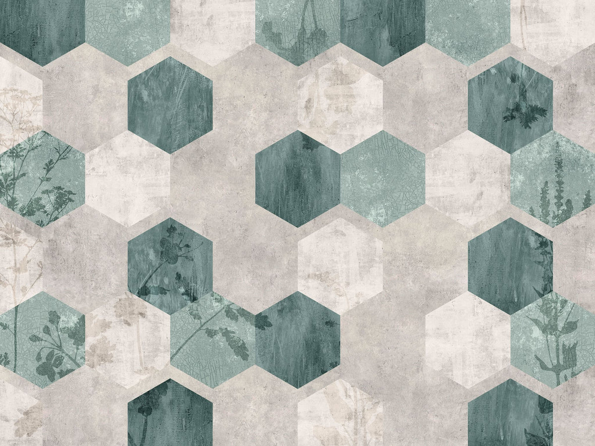 Tapet personalizat abstract cu model de fagure in nuante de alb si verde salvie sage honeycomb