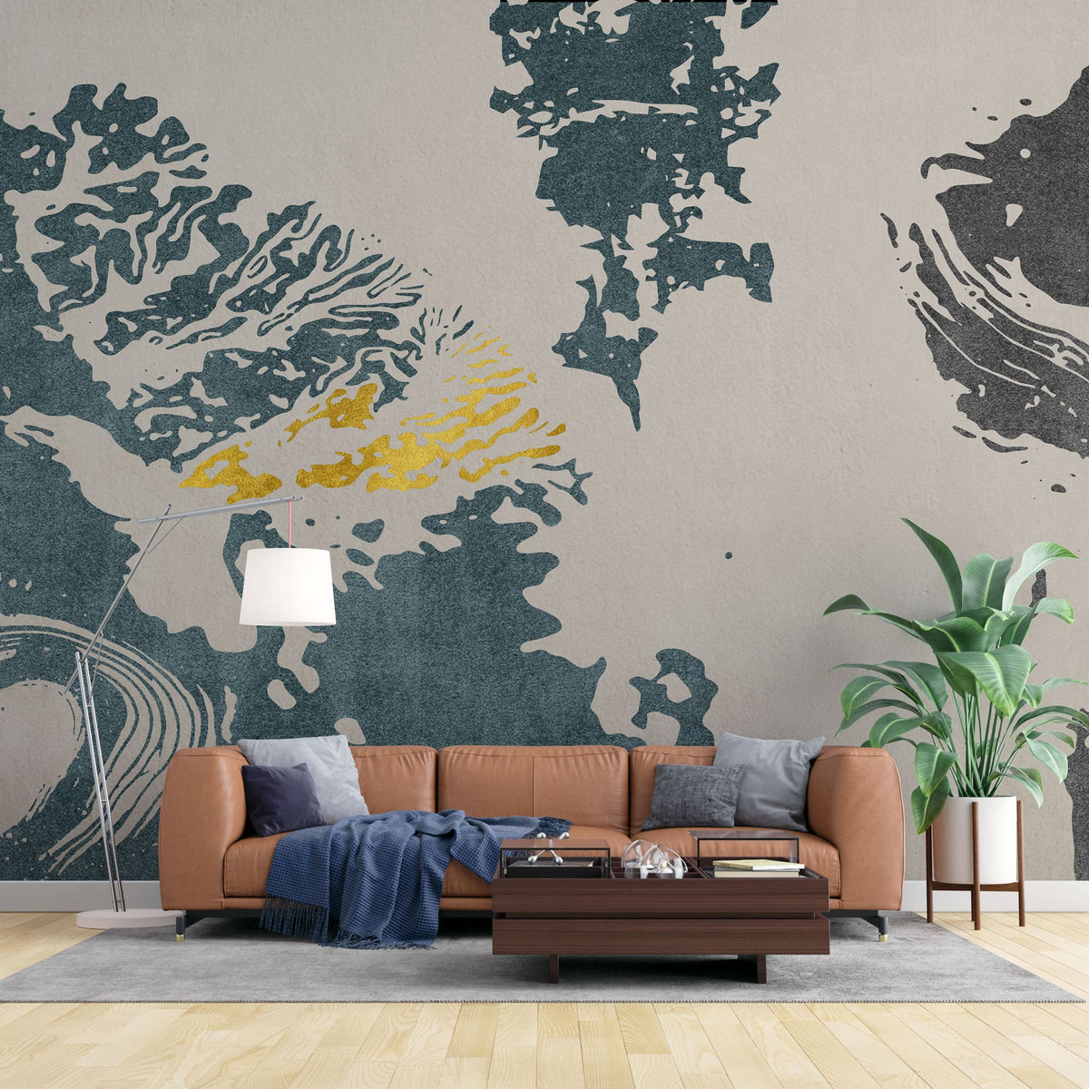 Tapet personalizat abstract cu model abstract in nuante de albastru cu insertii aurii golden dove