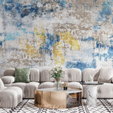 Tapet personalizat abstract cu model abstract texturat in nuante de albastru, bej si auriu gold&blue scrap