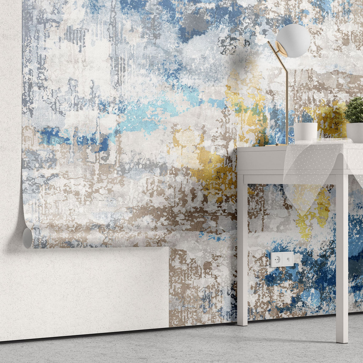 Tapet personalizat abstract cu model abstract texturat in nuante de albastru, bej si auriu gold&blue scrap