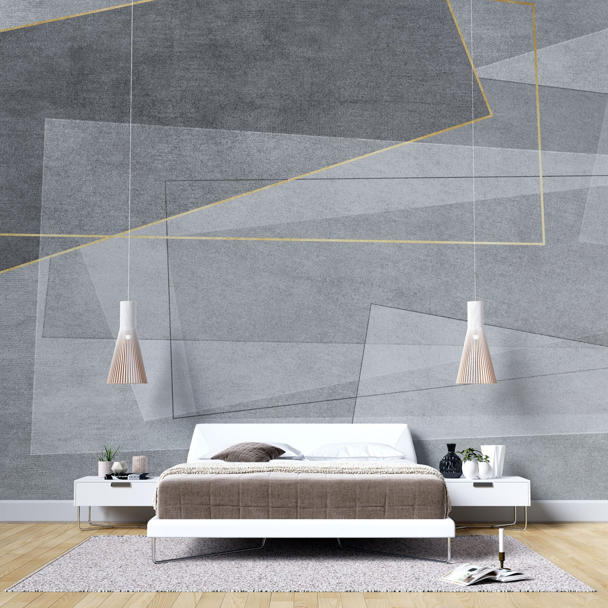 Tapet personalizat abstract cu forme gri si insertii aurii golden framed