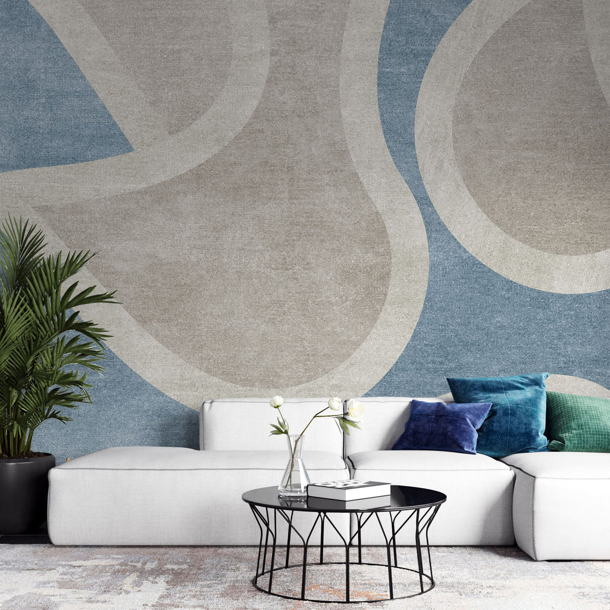 Tapet personalizat abstract cu forme abstracte in nuante de albastru si bej abstract rivers