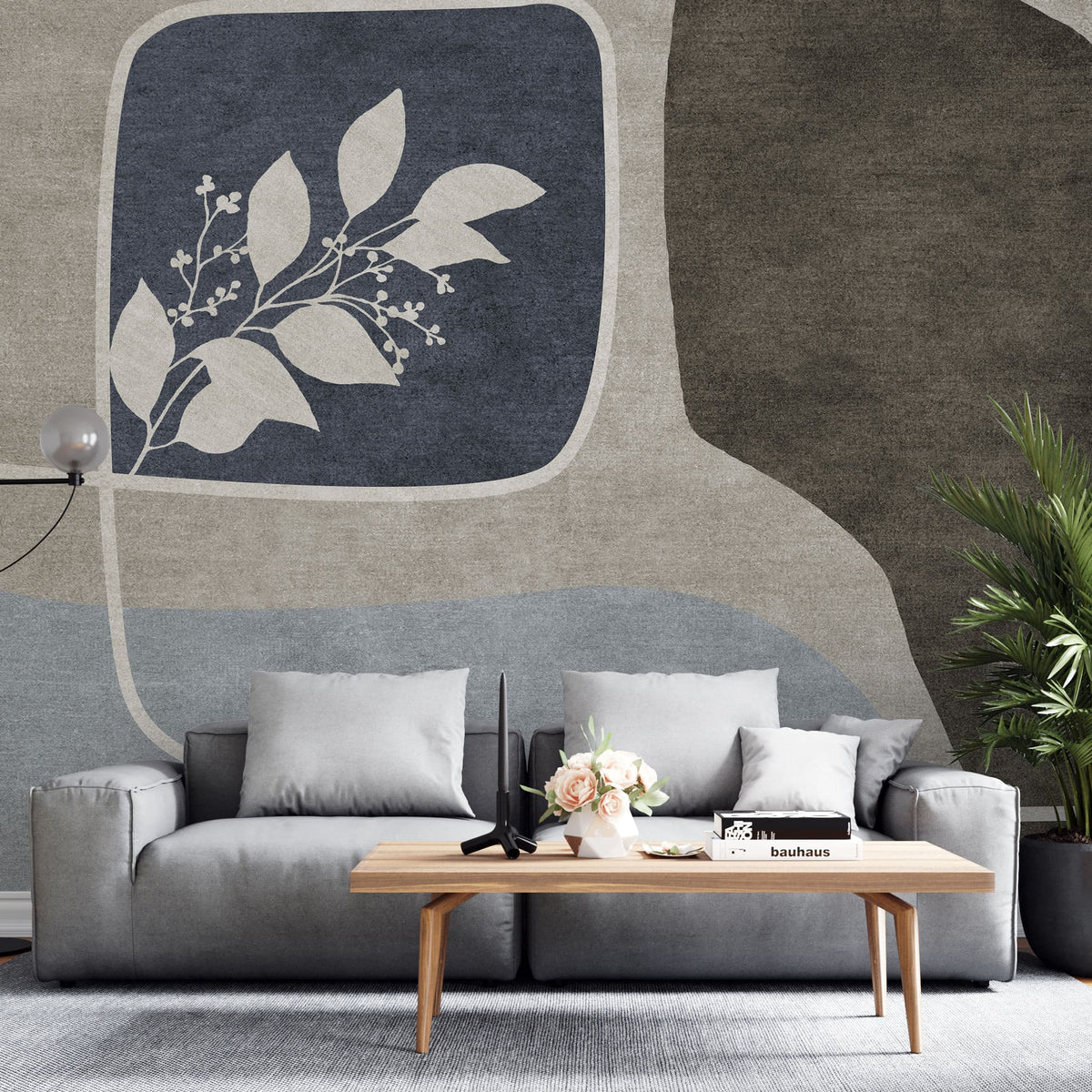 Tapet personalizat abstract cu forme abstracte si flori in nuante de bej, albastru si maro white mahon