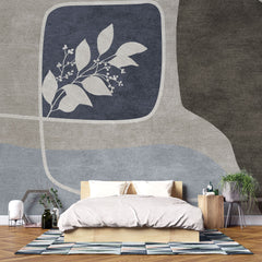 Tapet personalizat abstract cu forme abstracte si flori in nuante de bej, albastru si maro white mahon