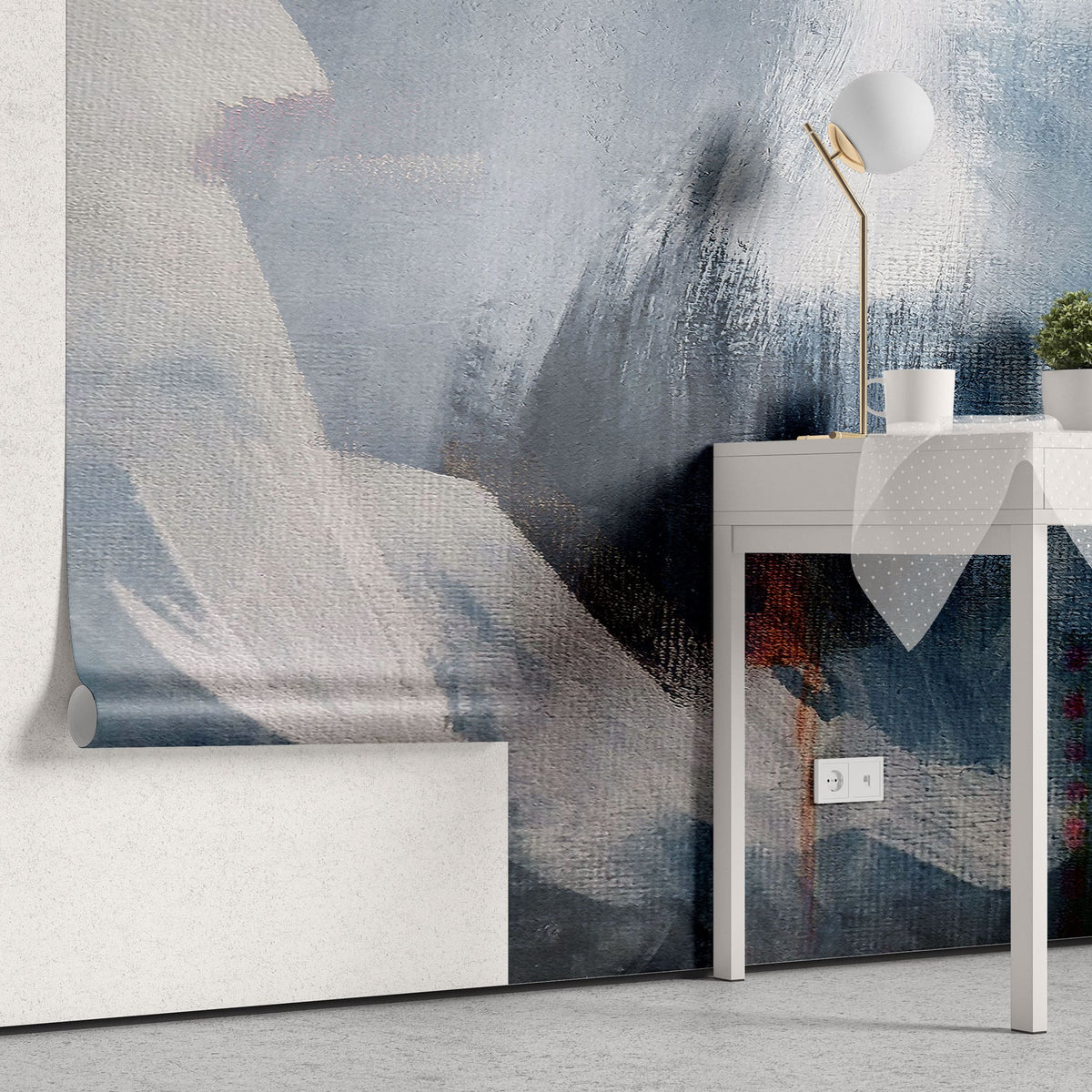Tapet personalizat abstract cu model abstract pictat in nuante de albastru si alb painted