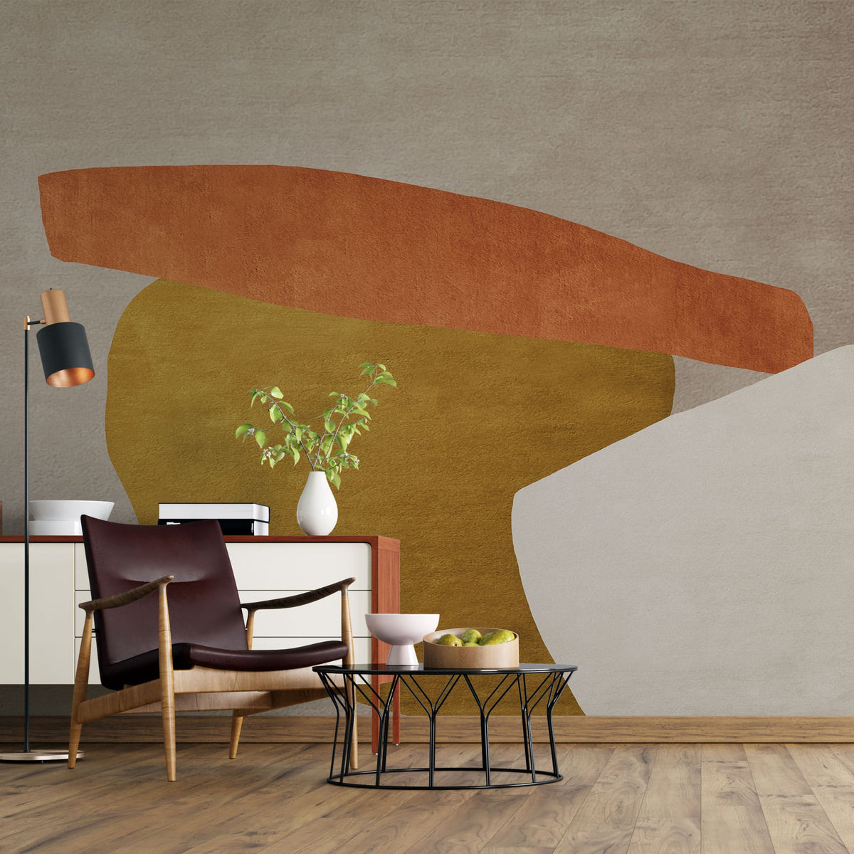 Tapet personalizat abstract cu forme abstracte in nuante aurii si portocalii golden zen