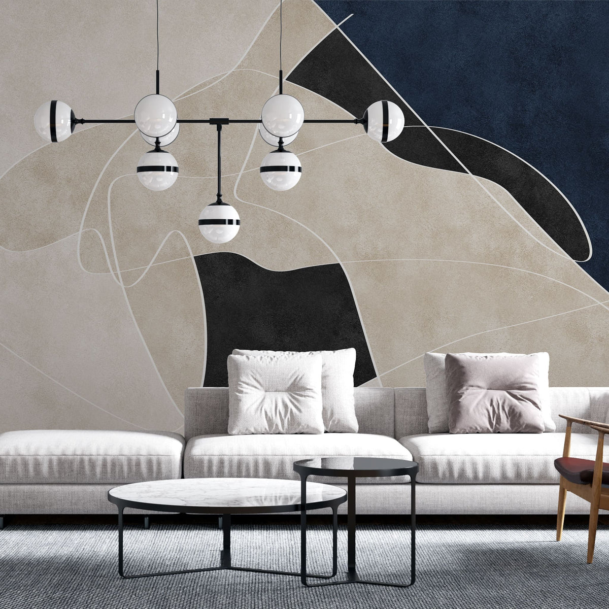 Tapet personalizat abstract cu linii abstracte in nuante de bej, albastru si negru line art