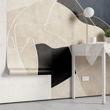 Tapet personalizat abstract cu linii abstracte in nuante de bej, albastru si negru line art