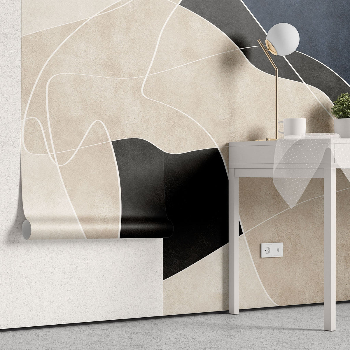 Tapet personalizat abstract cu linii abstracte in nuante de bej, albastru si negru line art