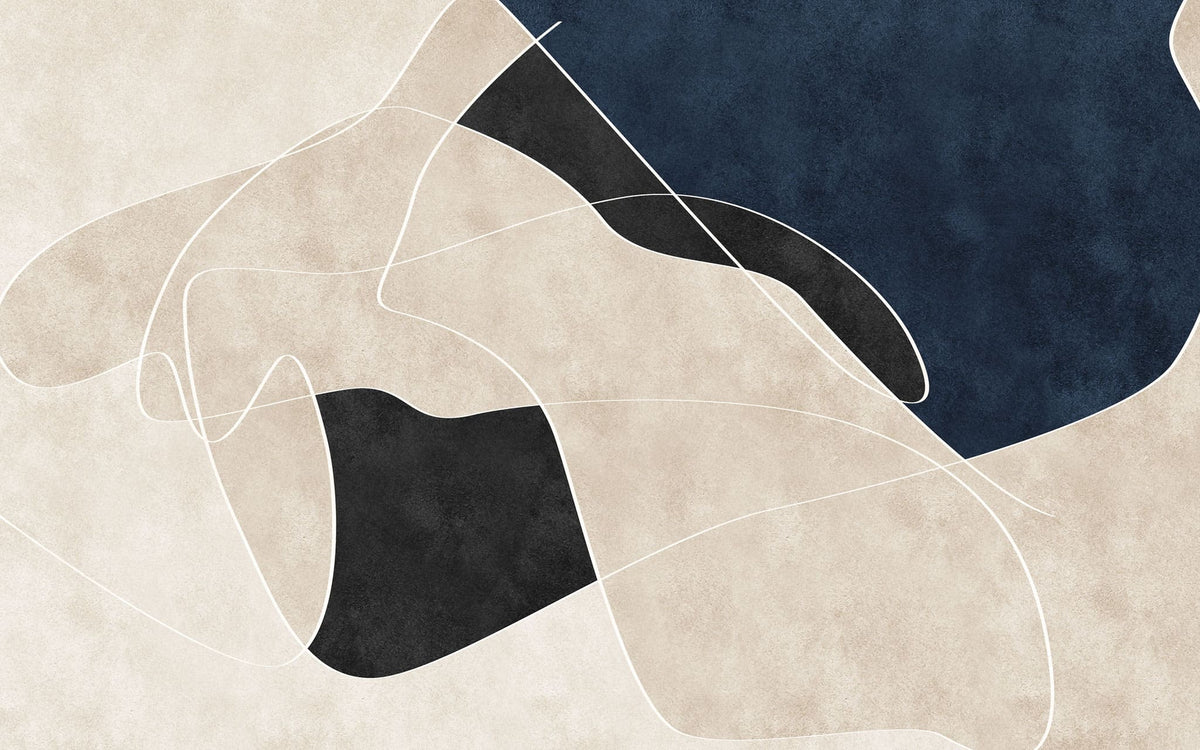 Tapet personalizat abstract cu linii abstracte in nuante de bej, albastru si negru line art
