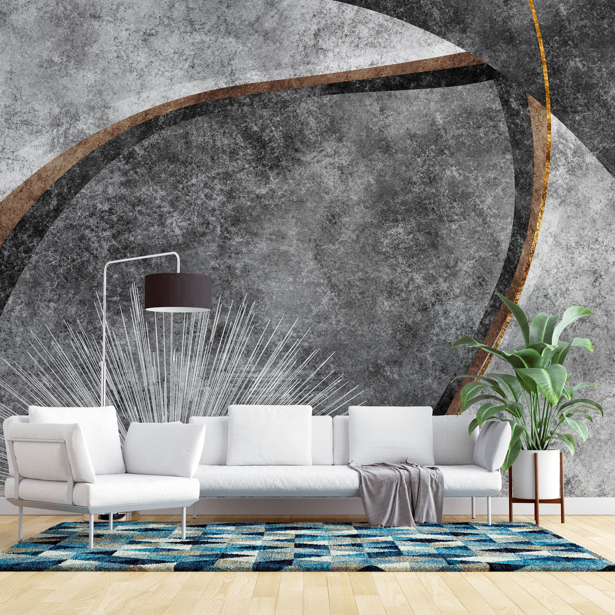 Tapet personalizat abstract cu model abstract in nuante de gri si insertii de bronz stylish grey