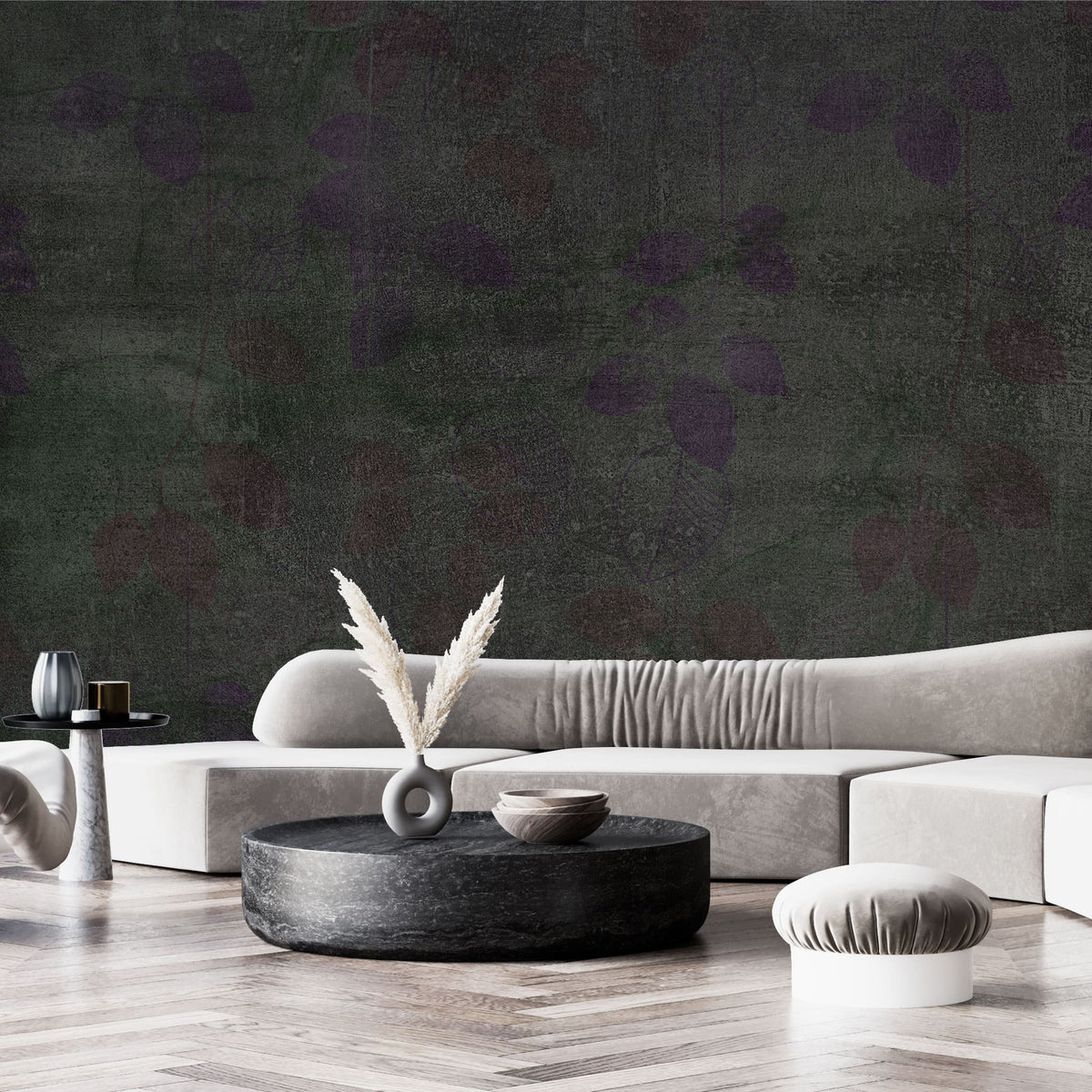 Tapet personalizat abstract cu frunze mov si verzi pe un fundal inchis deep dark contrast