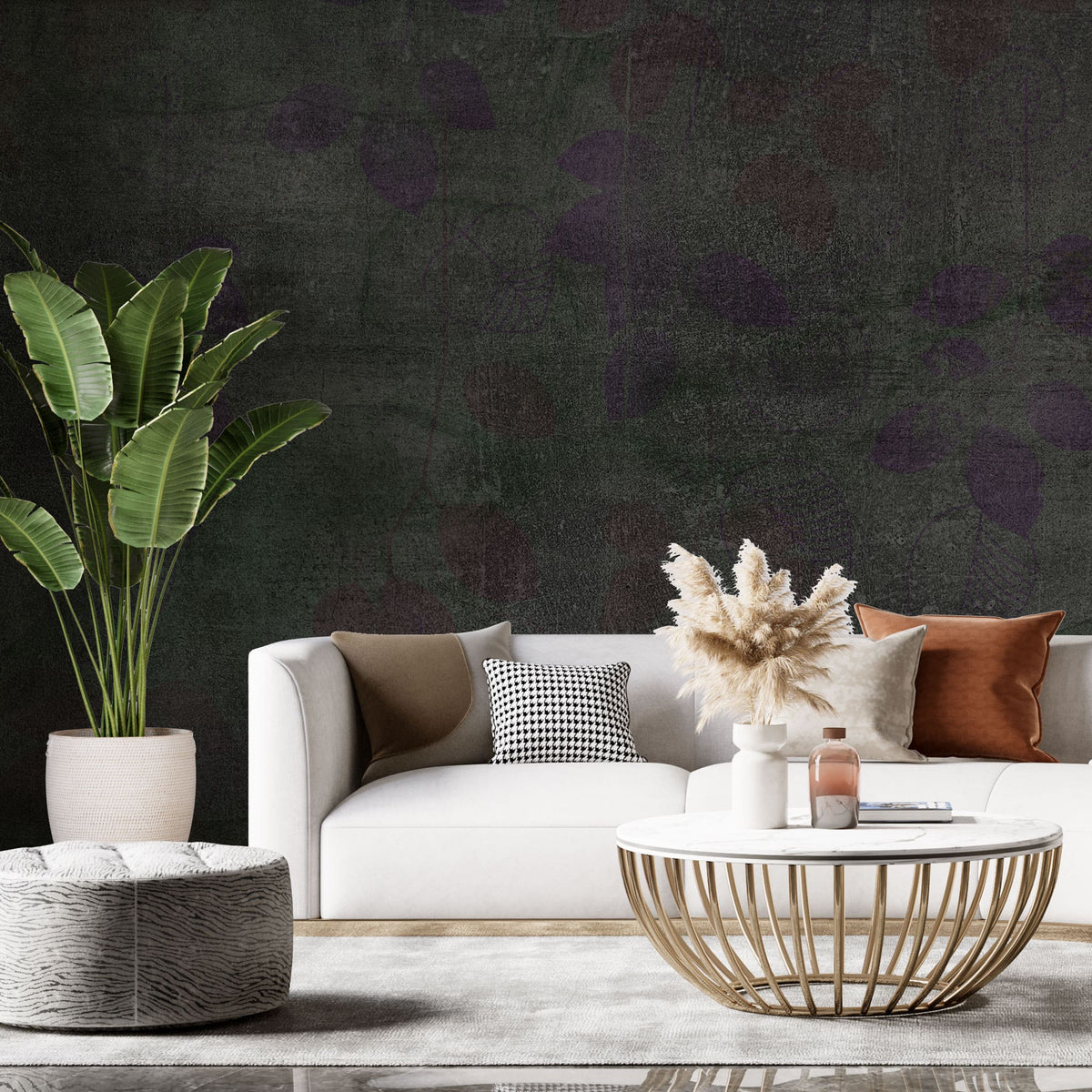 Tapet personalizat abstract cu frunze mov si verzi pe un fundal inchis deep dark contrast