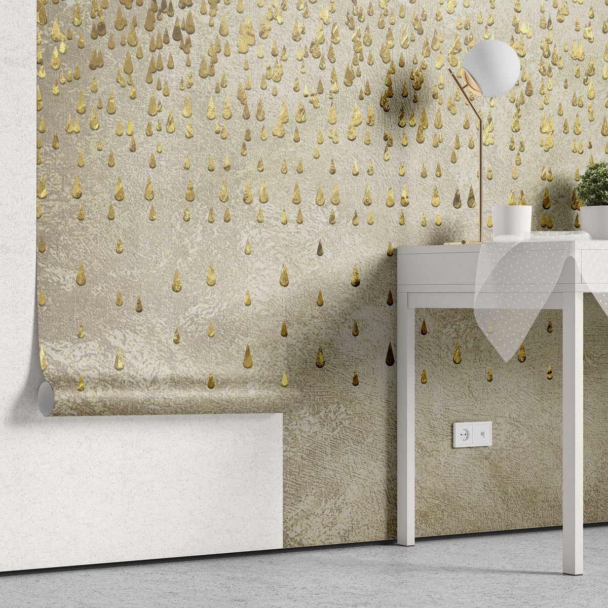 Tapet personalizat abstract cu textura de perete si picaturi aurii golden droplets