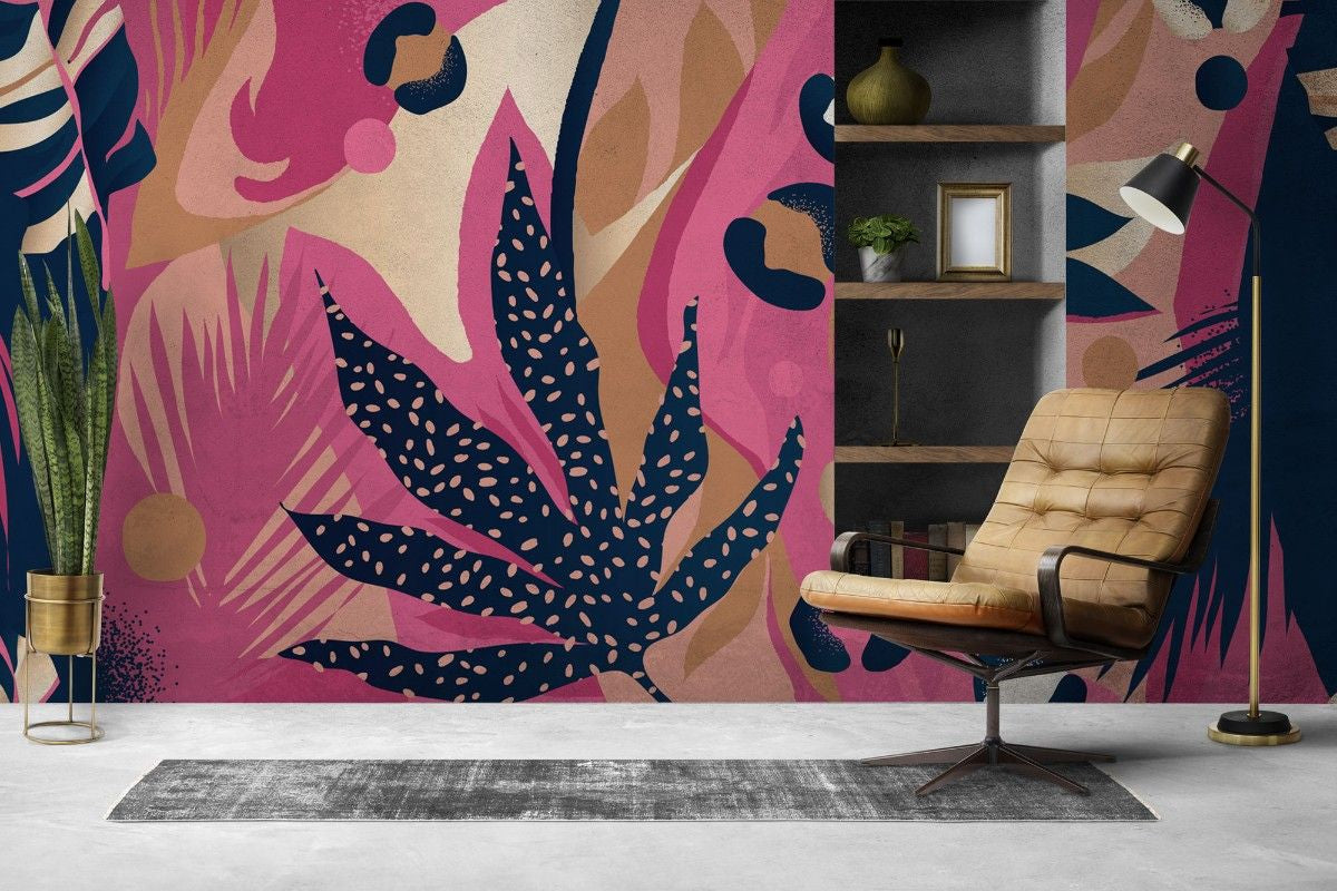 Tapet personalizat abstract cu forme abstracte in nuante de roz tropical aducand o explozie de culoare si energie tropical pink