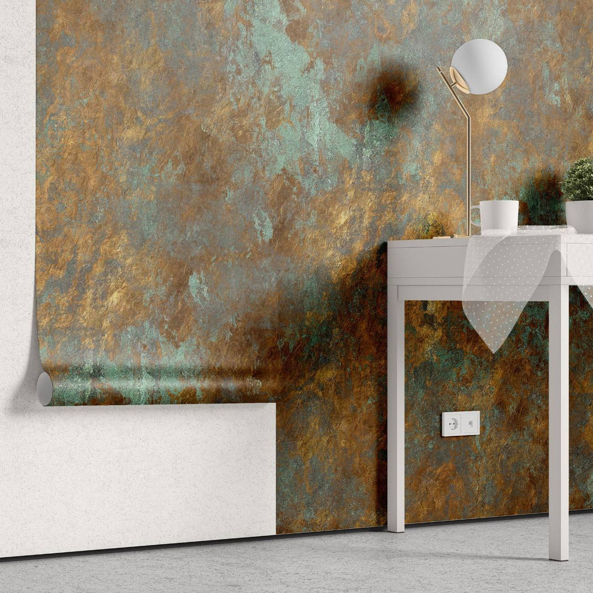 Tapet personalizat abstract cu o textura de piatra aramie cu accente turcoaz oferind un aspect industrial si artistic rusty turquoise